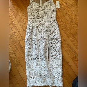 Stunning White Nude Lace Midi Dress with Front Slit